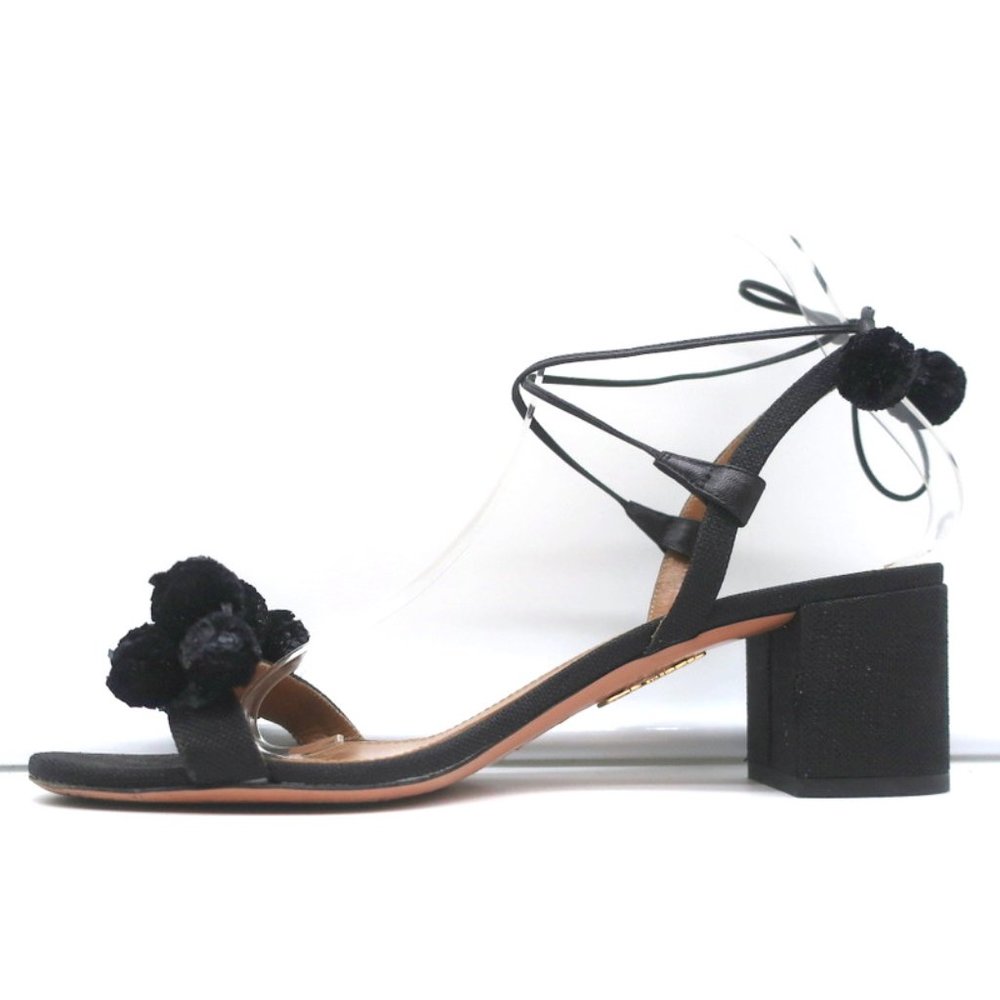 AQUAZZURA POM POM ANKLE TIE SANDALS BLACK RAFFIA SIZE 39 OPEN TOE MID-HEEL - Picture 6 of 9